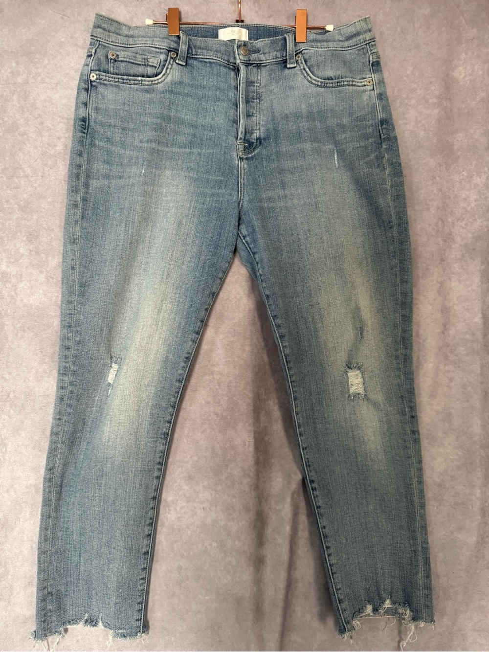 7 For All Mankind Ankle Skinny Jeans Distressed Frayed Hem Button Fly Size 32x26